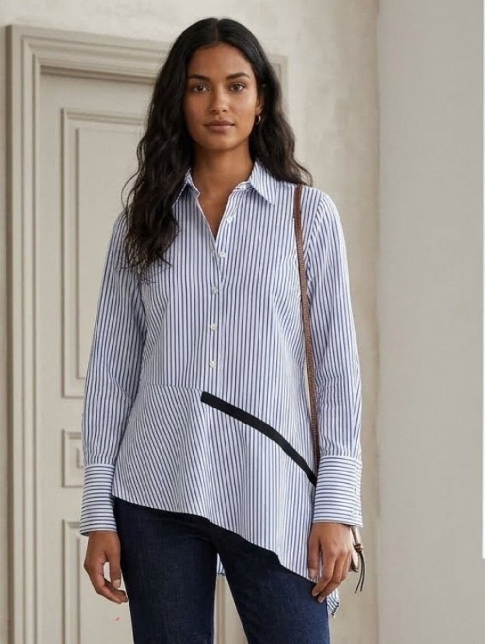 Christian Siriano Asymmetrical Striped Button-Up Shirt — White with Navy Stripes